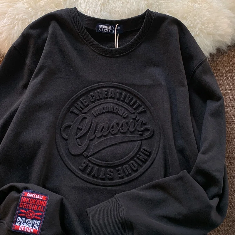 Hot Selling Custom Casual Emboss Men Sweatshirt 100% Cotton Heavy Weight High Quality 3D Embossed Oversized Unisex Sweatshirt