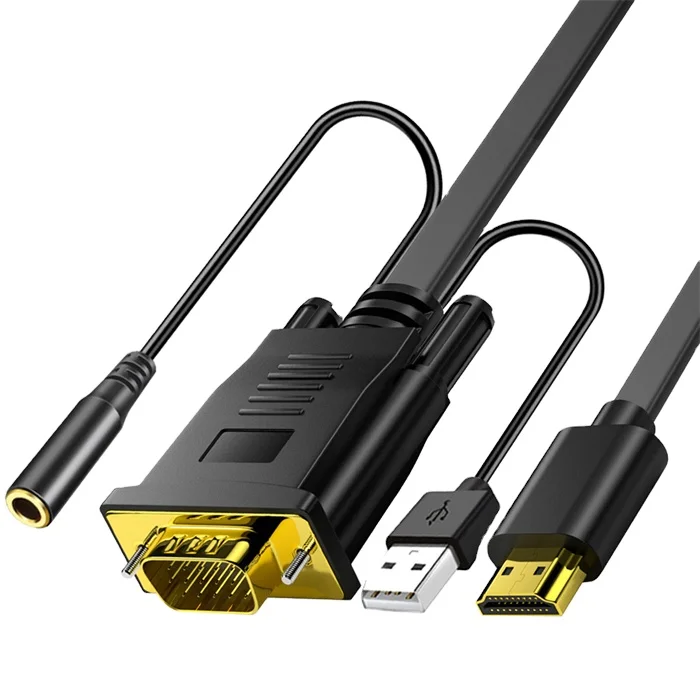 Flat HDMI to VGA Cable with 3.5mm audio female Male to Male black 1080p for Raspberry Pi, Roku,Computer, Desktop, Laptop, PC