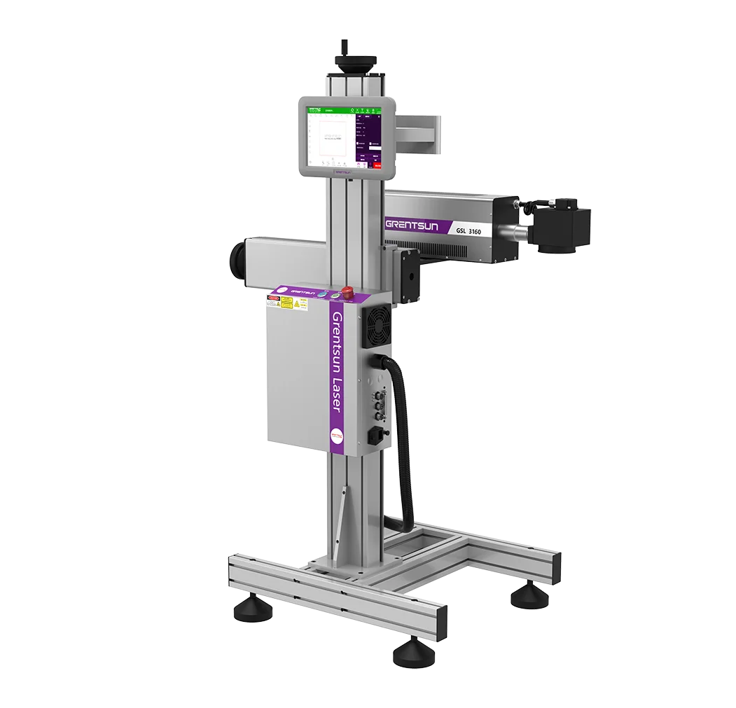 Grentsun 30W CO2 flying laser marking machine with support, tablet, encoder and fiber sensor for water plastic bottle