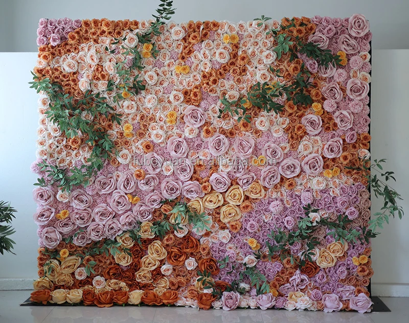 L01 Wholesale 3D Roll Up Ombre Fake Flower Wall Backdrop Mat Artificial Silk Rose Peony Floral Wall Panel For Wedding Home Decor