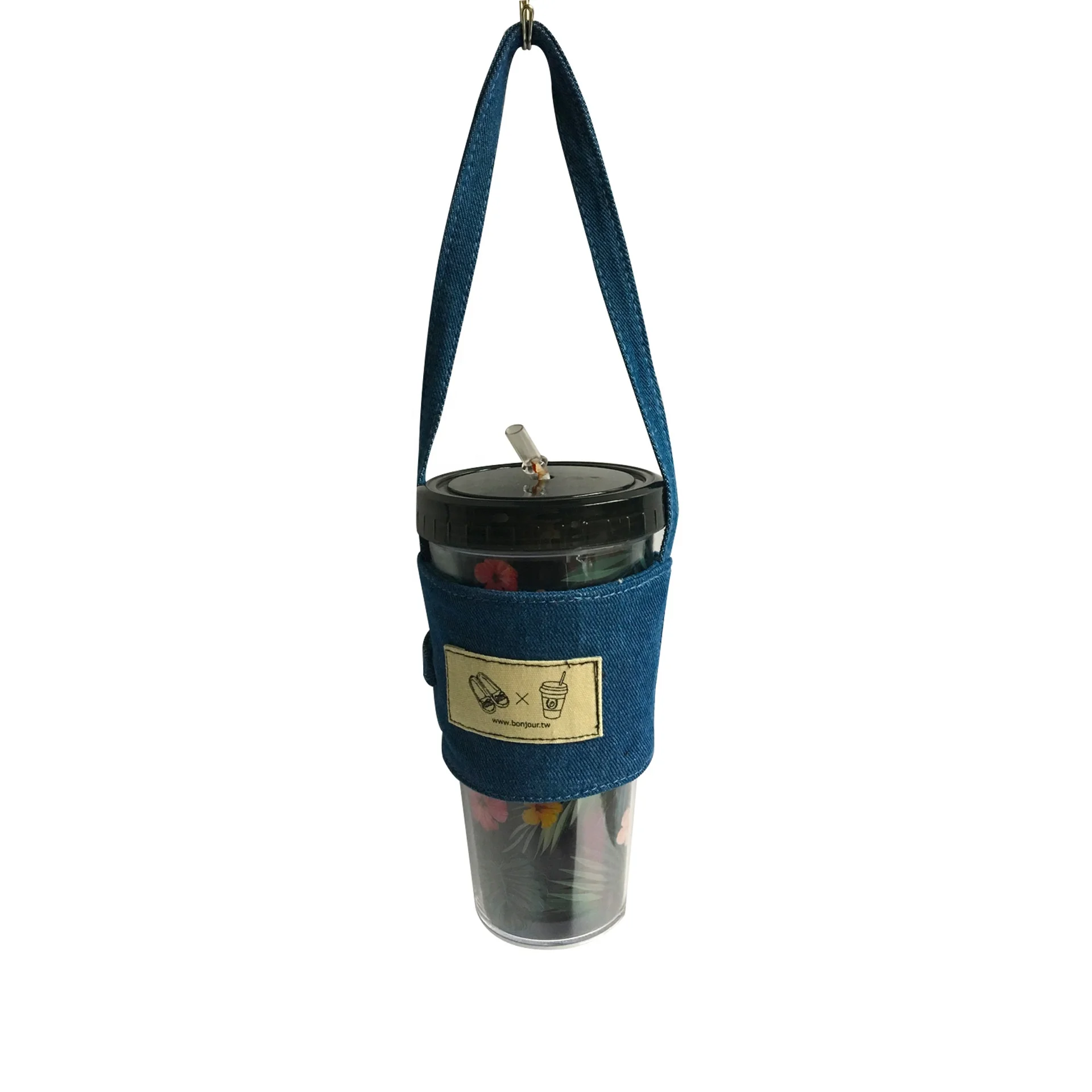 Korea style eco durable denim jean textile coffee milk tea cup sleeve holder carry bag with customized printed