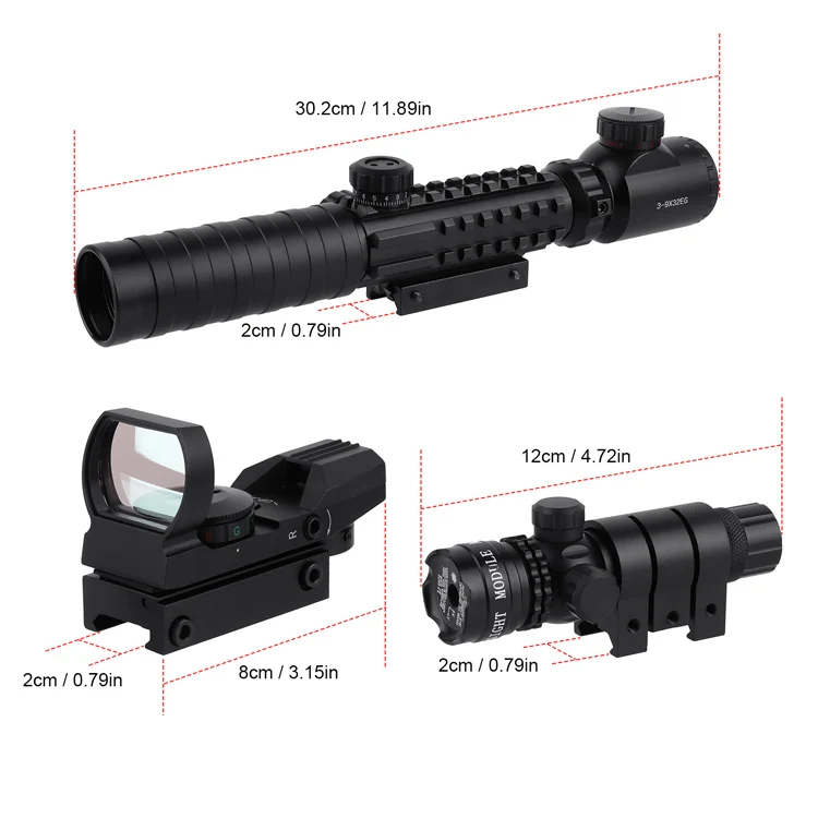 MZJ Optics 3-in-1 Combine Optical 3-9x32EG Red Green Dual Illumination Multi-function Scope with 4 Reticle Sight Red Laser Sight