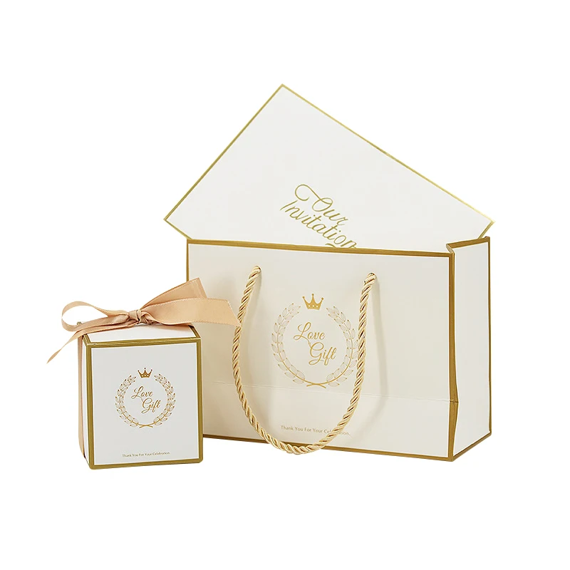 Custom Wholesale Luxury White Color Printing Paper Bag Set Card Paper Gift Box Packaging for Wedding