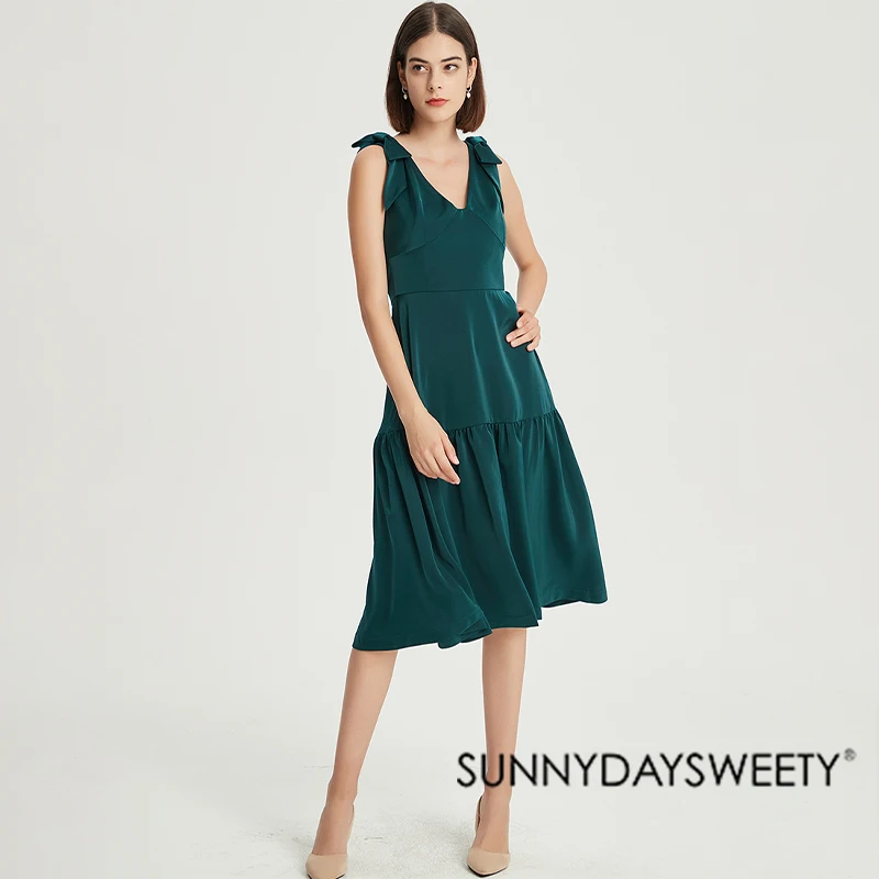 2022 S/S Bow Straps Sleeveless High Waist Hidden Back Zipper One Piece Girls Party Green Satin Princess Dress