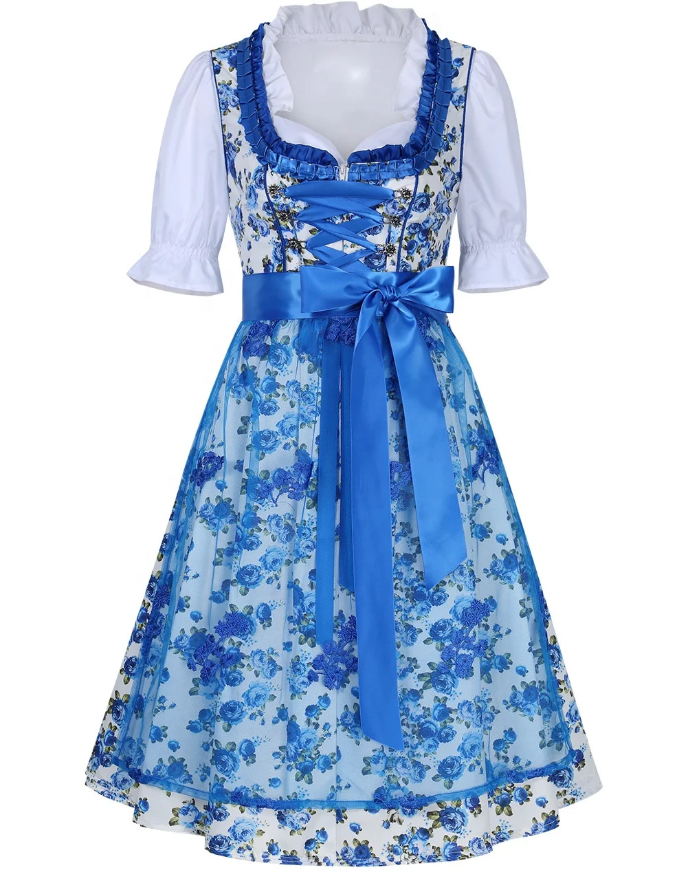 Custom Dirndl Dress With Net and Ribbon Flowers Printed Fabric and Cotton Blouse  / Mini Dirndl / Trachten Dirndl