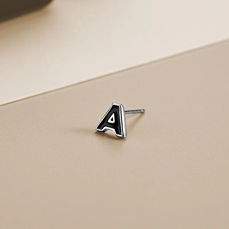 Fashion Jewelry S925 Sterling Silver 26 Initial Alphabet Black Drop glue Stud Earring Simple New Trend Cultivation Holes Earring