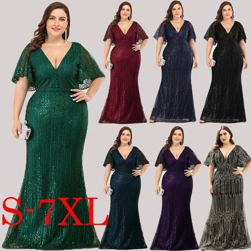 
Luxury High Quality Royal Blue Wedding Dress Women Floor Length V-neck Sequin Plus Size Long Bridesmaid Dresses 