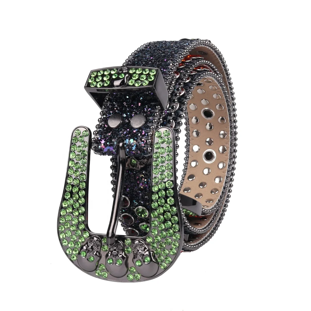 Cowboy&Cowgirl High-Key Colorful Bling Crystal Skull Belt Rhinestone Y2K With Green and Orange