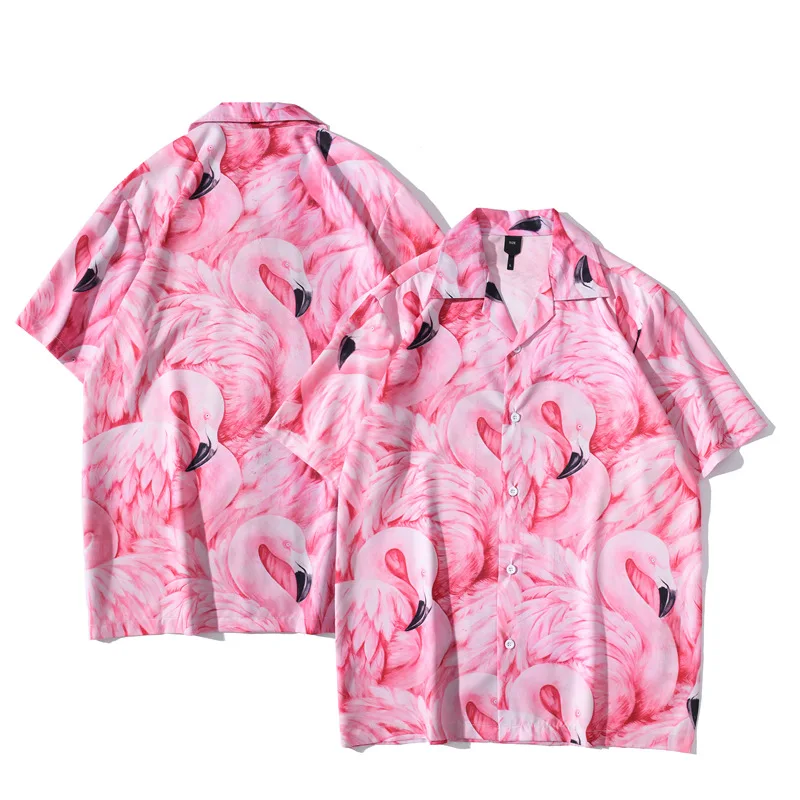 Beach Wear Aloha Party Casual Camp Button Down Short Sleeve Pink Flamingo 100% polyester Mens Hawaiian Shirt