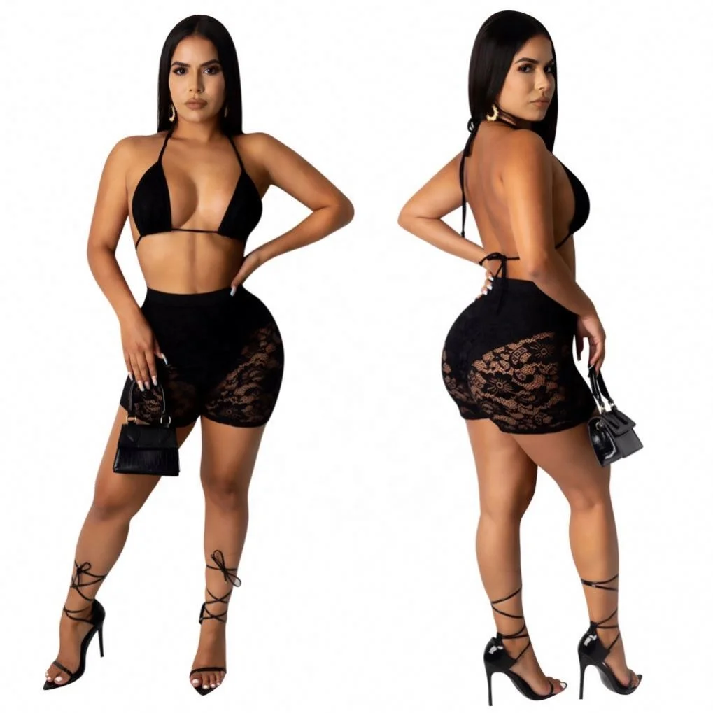 
2021 Sexy Women Crop Top Bathing Suit Two Piece Lace Shorts Swimsuits Micro Bikini Plus Size Swimwear 