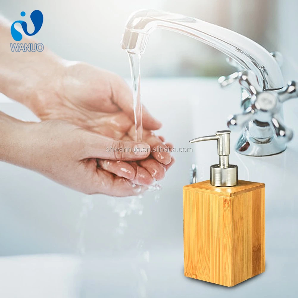 WanuoCraft Natural Wooden Square Bamboo Soap and Lotion Pump Dispenser for Kitchen or Bathroom Countertops