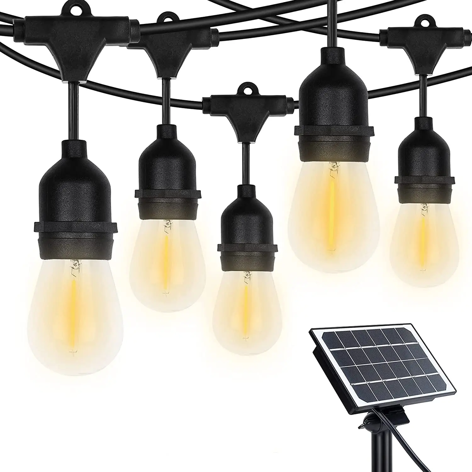 LED Outdoor Garden S14 String Lights Solar Powered, 48FT Hanging 15+1 LED Edison Bulbs E27 Sockets Outdoor Warm White Festoon Li