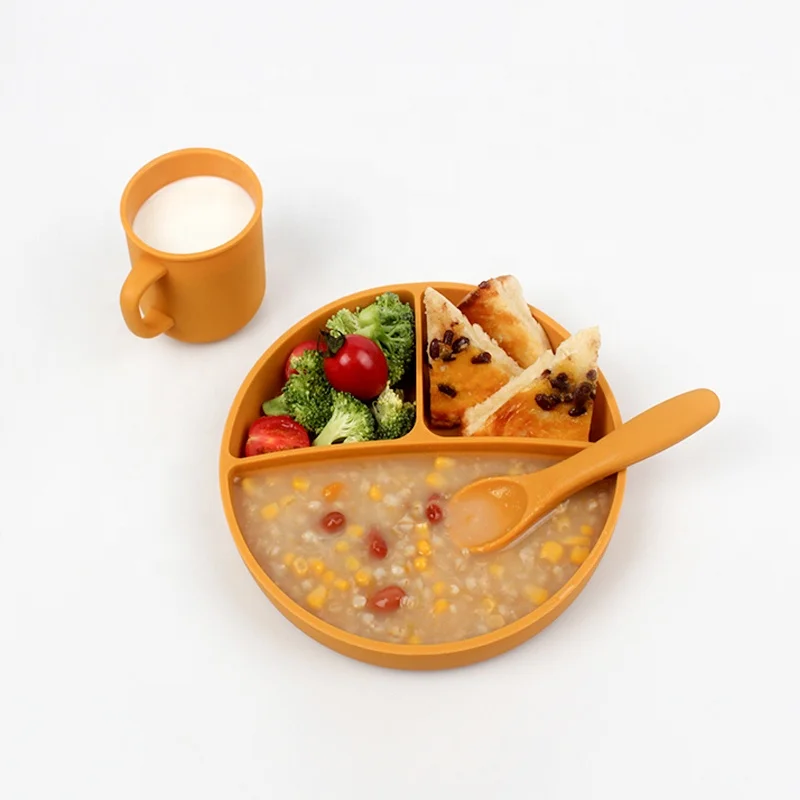 KASU Child Plate Baby Plates Sets Baby Feeding Dish Suction Baby Silicone Tableware Plate Bowl With Spoon