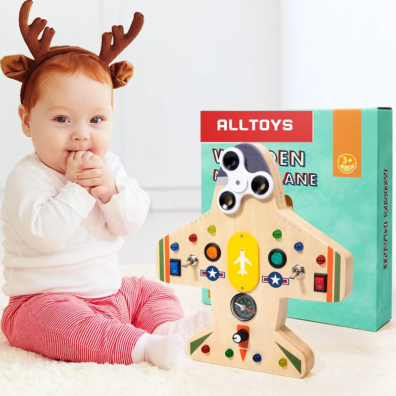 LED Light Switch Busy Board Toys with Buttons to Push for Toddlers Wooden Sensory Board Other Educational Toys Interactive Wood