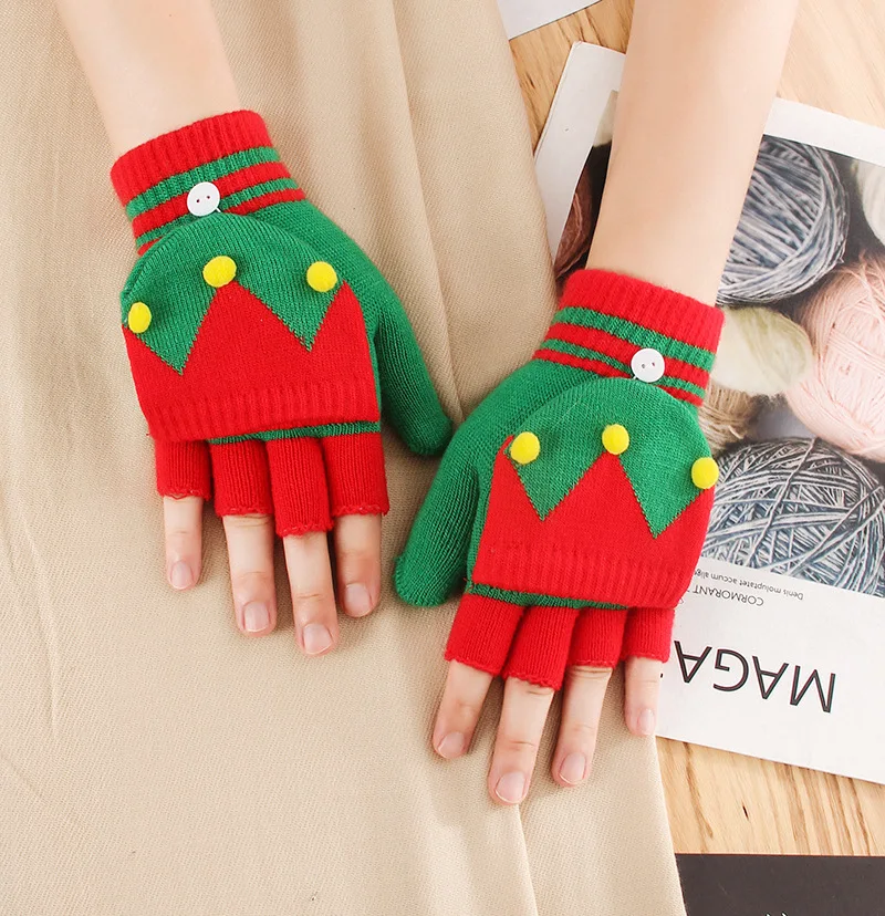Ladies Teenager Winter Half Finger Thickened Warm Knitted Christmas Cartoon Cute Gloves