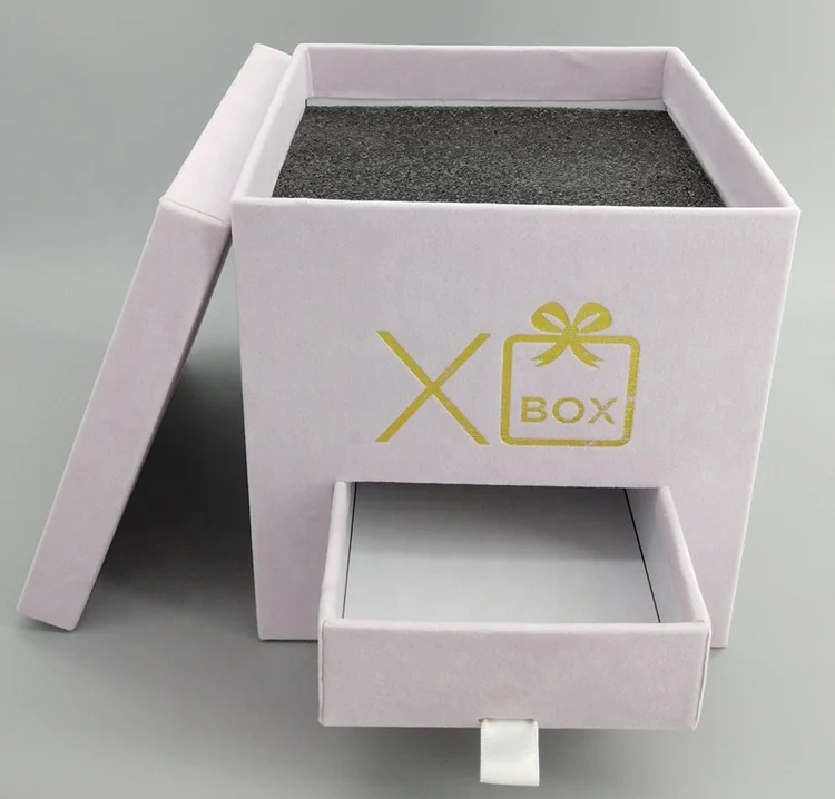 Fancy gift flower box, chocolate box with drawer, square velvet rose packaging boxes