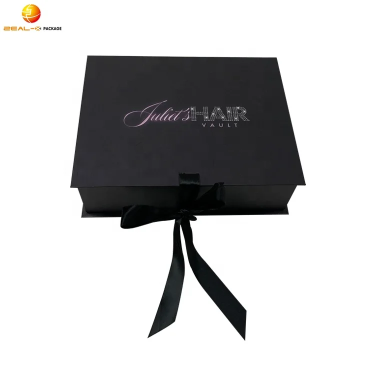 Custom Logo Rigid Cardboard Paper Black Foldable Magnetic Hair Extension Packaging Wig Boxes With Satin Inside