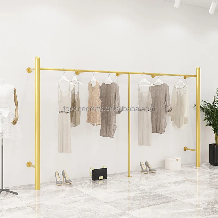 High Quality Women Clothing Store Furniture Modern Portable Clothing Display Rack Gold Pipe Wall Mounted Clothes Hanging Racks