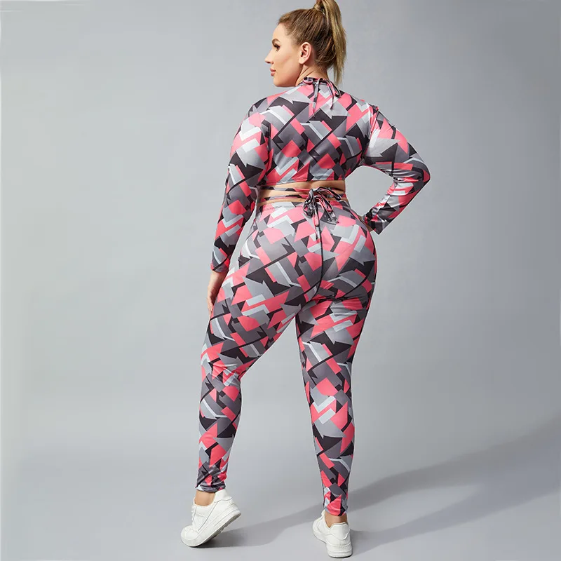 Sexy Xxl Plus Size Two-Piece Quick-Drying Printed Outdoor Sports Tights Suit Gym Seamless Camo Long Sleeve Yoga Clothing Sets
