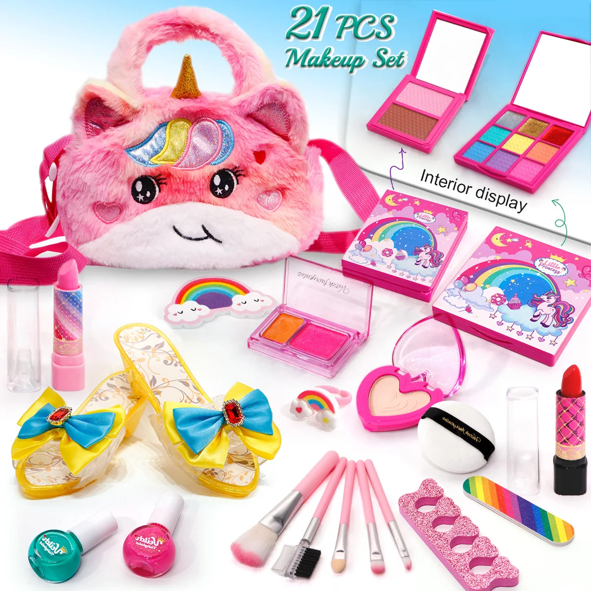 Kids Unicorn Makeup Toy Kit for Girls Washable Makeup Set Toy With Cartoon Bag Pretend Play Makeup Beauty Set Birthday Toys Gift