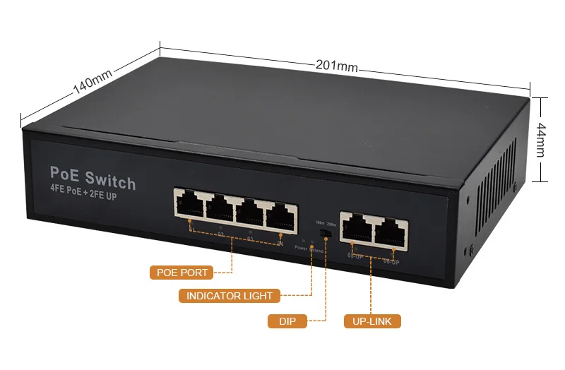 Wanglink OEM 10/100M 4 Ports PoE Network Switch 6 Ports for IP Camera 96W Built-in Power Supply VLAN Extend 250m