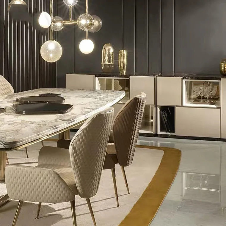 Wholesale price luxury design rectangular desktop marble dining room tables and chairs set home furniture