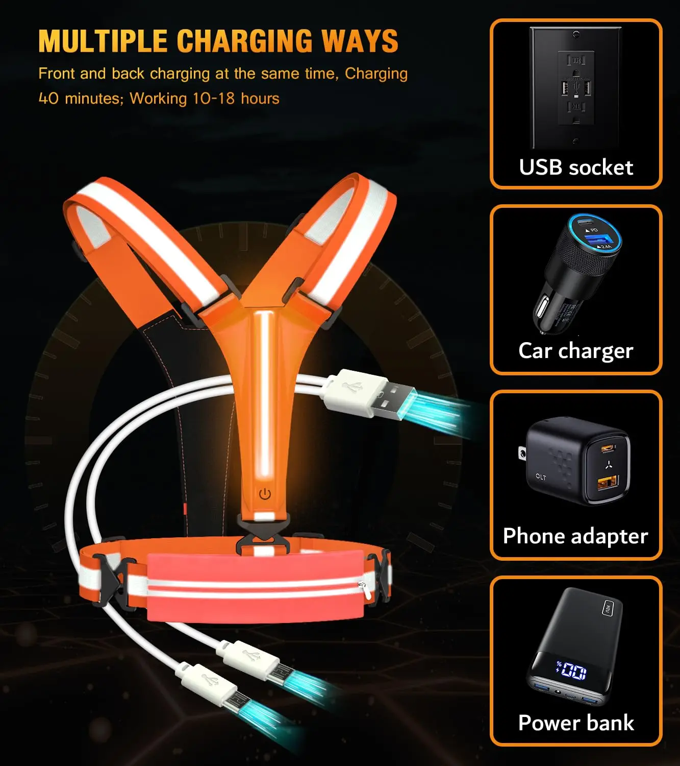 UMIONE LED Reflective Vest Running Gear USB Rechargeable Light Up Running Vest Chest Phone Holder for Runners Night Walking