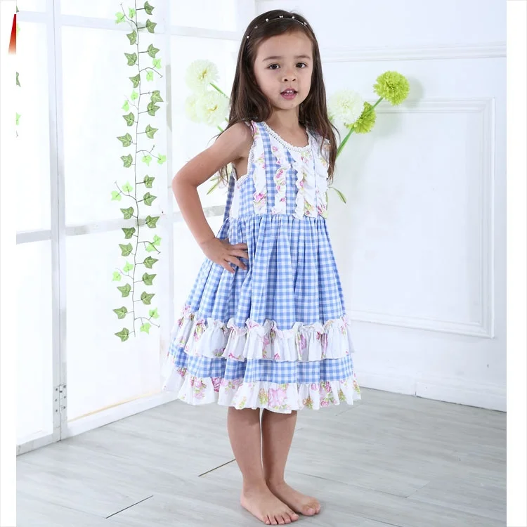 Jannybb new design  baby girl blue check print dress