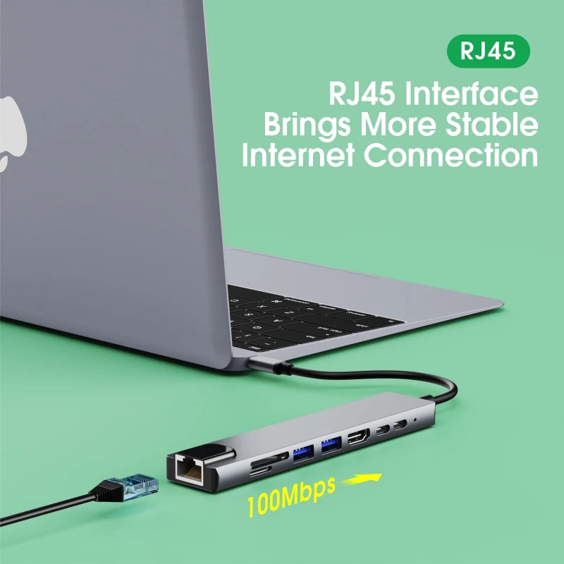 High Quality 8 in 1 USB C Hub USB 3.0 4K UHD HDMI RJ45 Ethernet SD Card Reader Type C USB Hub with Charging Port for Macbook