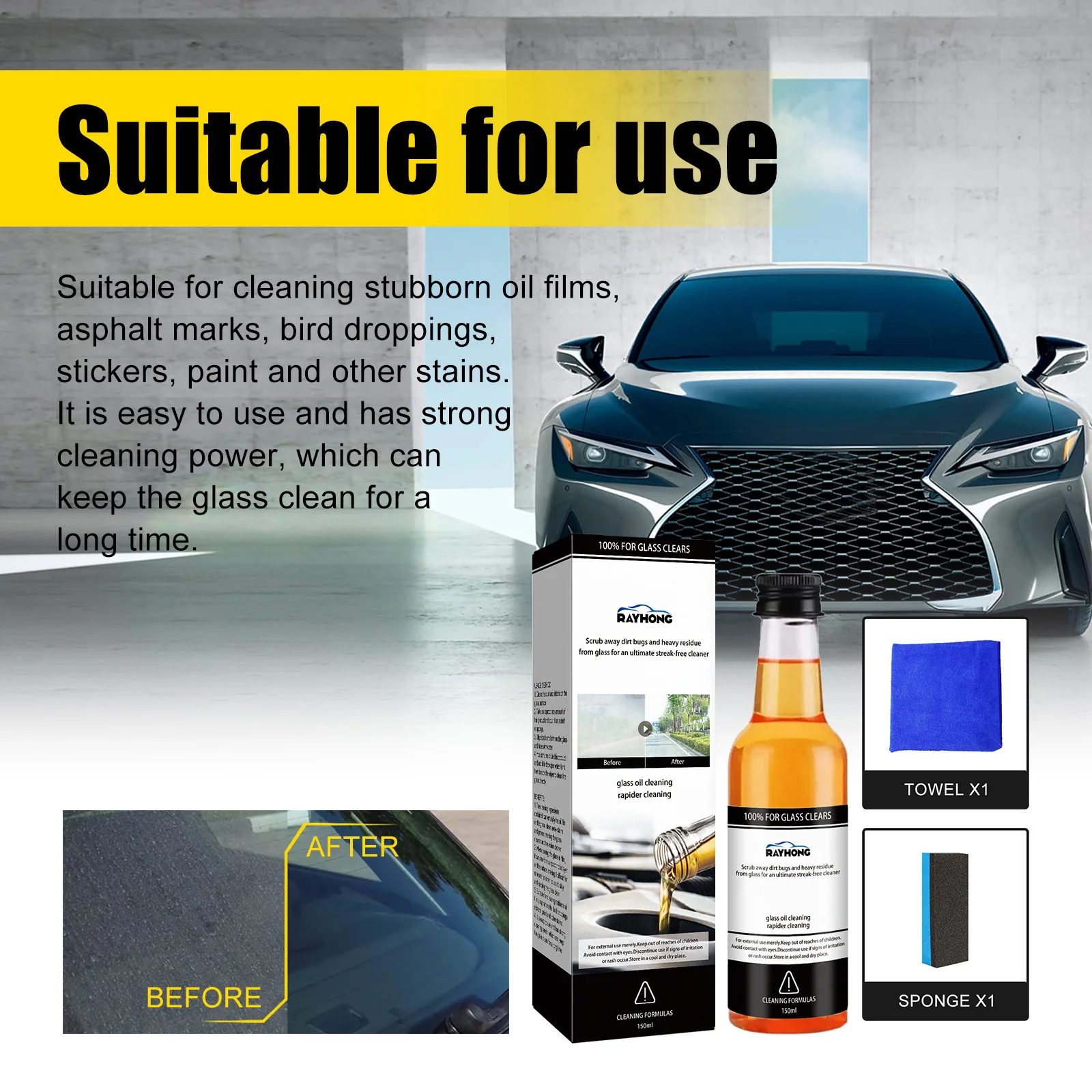 Rayhong Glass oil Film remover Front windshield oil film cleaner Powerful window stain remover