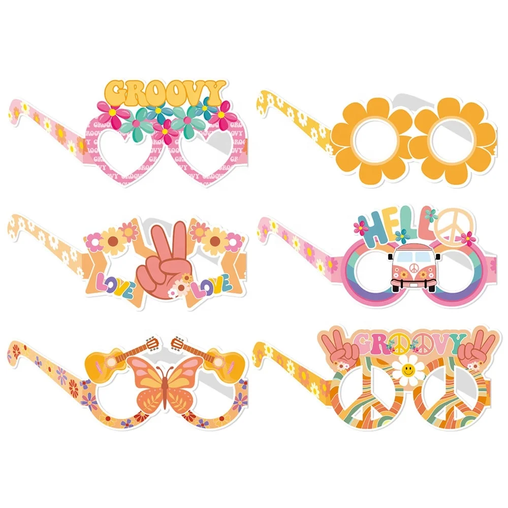 6 Pcs Groovy Retro Hippie Theme Paper Glasses Groovy Party Decorations Groovy Hippie Glasses For Girls Birthday Party Supplies