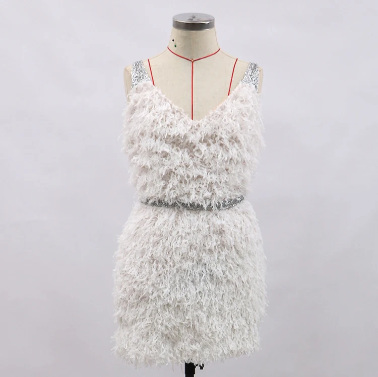 2022 Wholesale Factory Mini Short Fur Tassel White Cocktail Dress Ostrich Feather Evening Dress For Ball Gown Party
