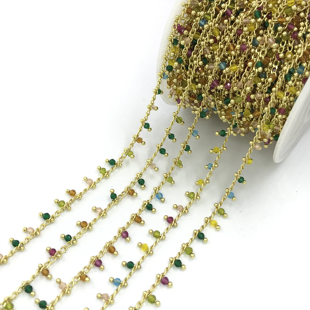 wholesale rare earth material handmade beads chain wire wrapped glass beads chain ,mini round beaded brass chain