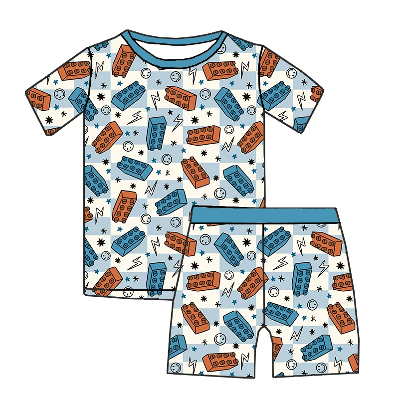 Hot selling Summer kids clothing Custom print soft bamboo fabric two pieces short pajamas sets