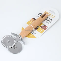 Oak Acacia SS Cake Cutter Non-stick Beech Metal Wheeling Baking Cutter Wooden Handle Stainless Steel Double Wheels PIzza Cutter