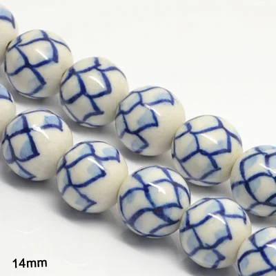 Handpainted 14mm custom European designs round blue and white multi designs porcelain Bead for jewelry making