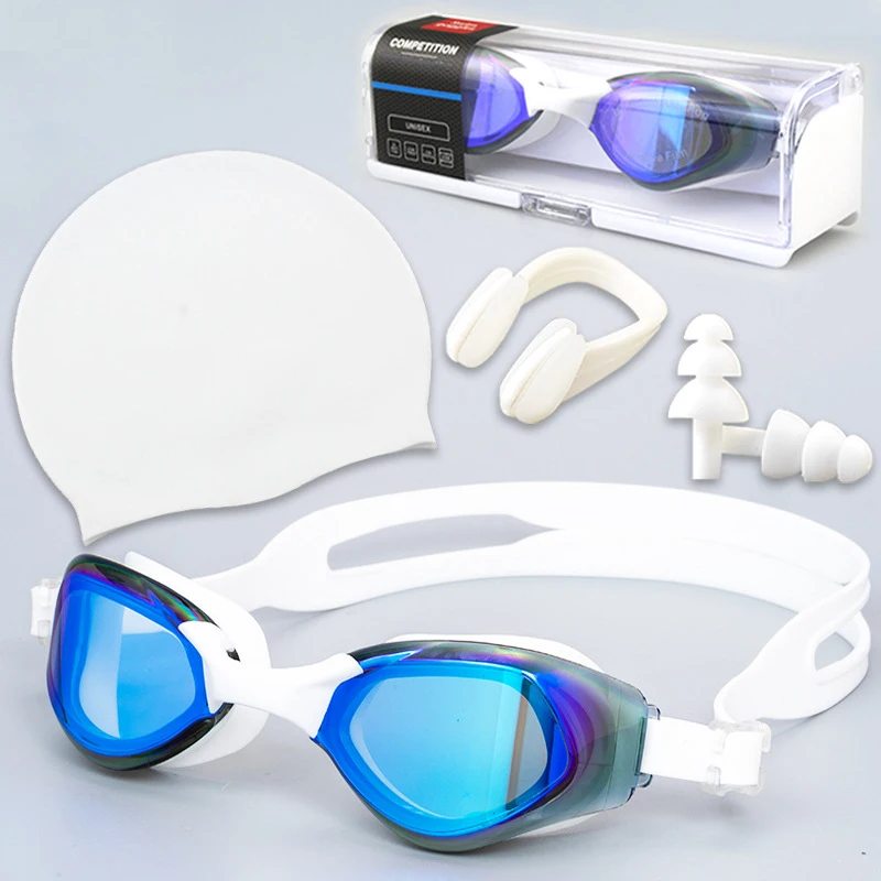 Wholesale Swim Cap and HD Waterproof Glasses 4 Piece Sets Include Earplugs Nose Clip Swimming Custom Adult Swim Set