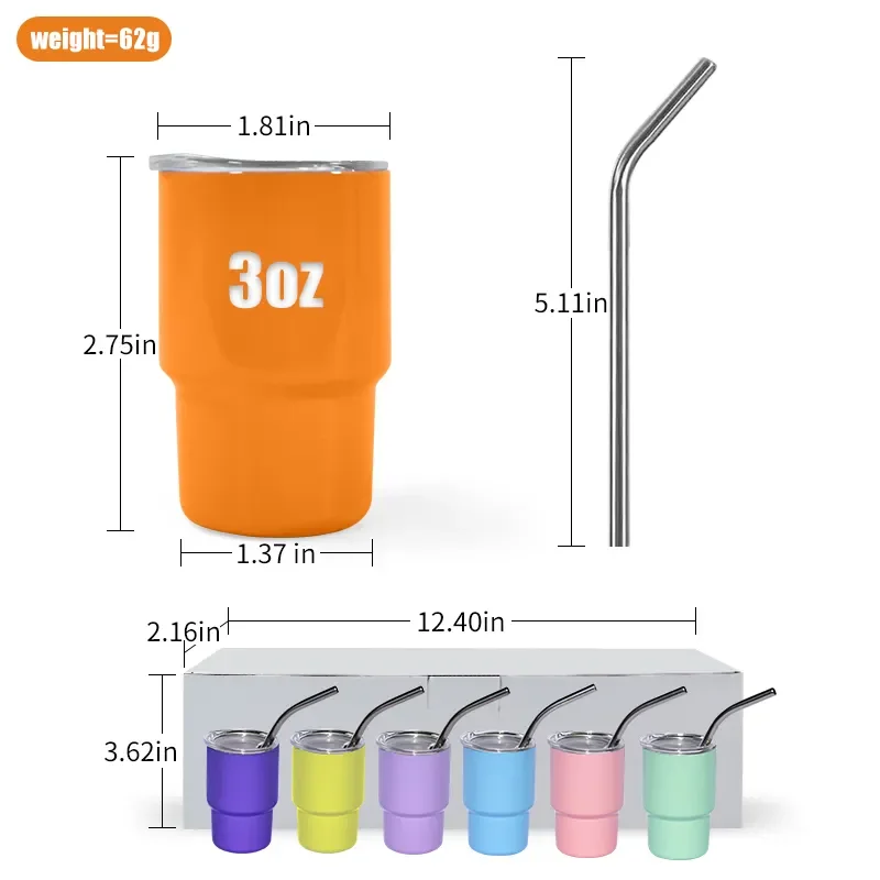 Wholesale 3oz Mini Sublimation Stainless Steel Miniature Shot Tumbler Cups Glasses Drinking Insulated Tumbler with Lid and Straw
