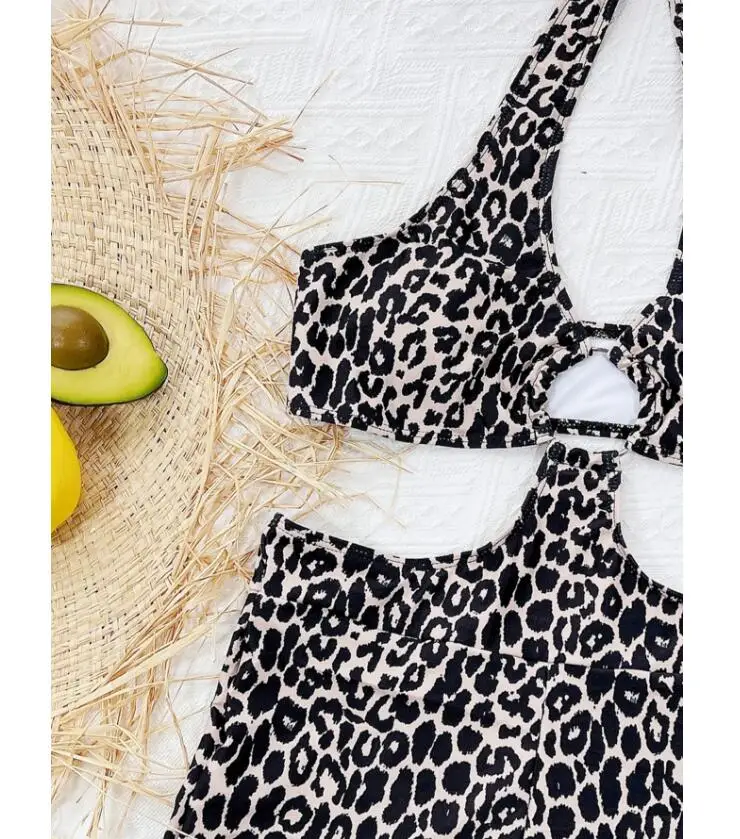 New STOCK Ring Front Cheetah Cut Out Sexy Lady One Piece Swimwear Boyshort Swimsuit