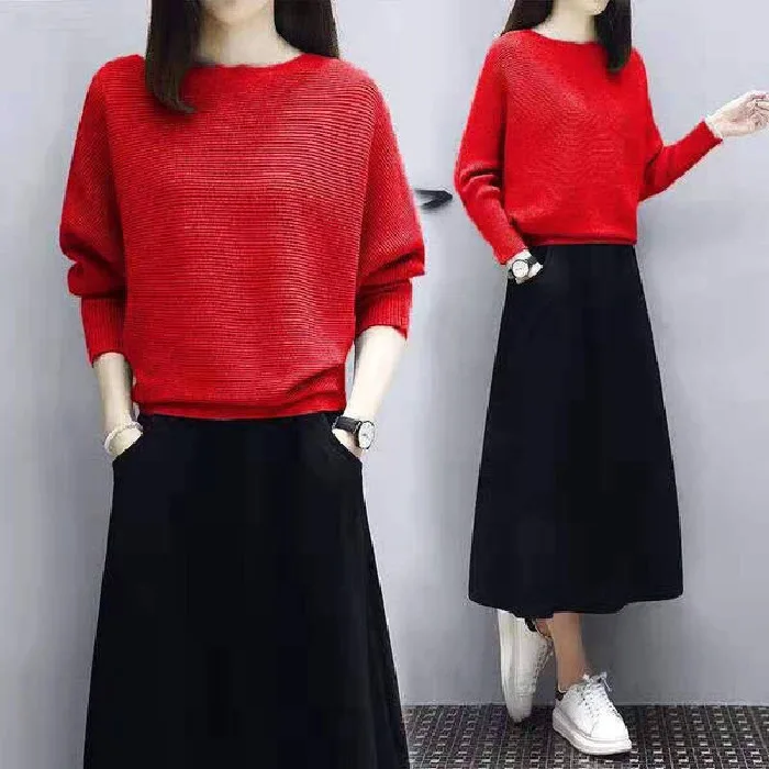 Fashion Casual Fall Winter Sweater Skirt Suit Sets Women 2 Piece Outfits Midi Skirts and Knitting for Going Out