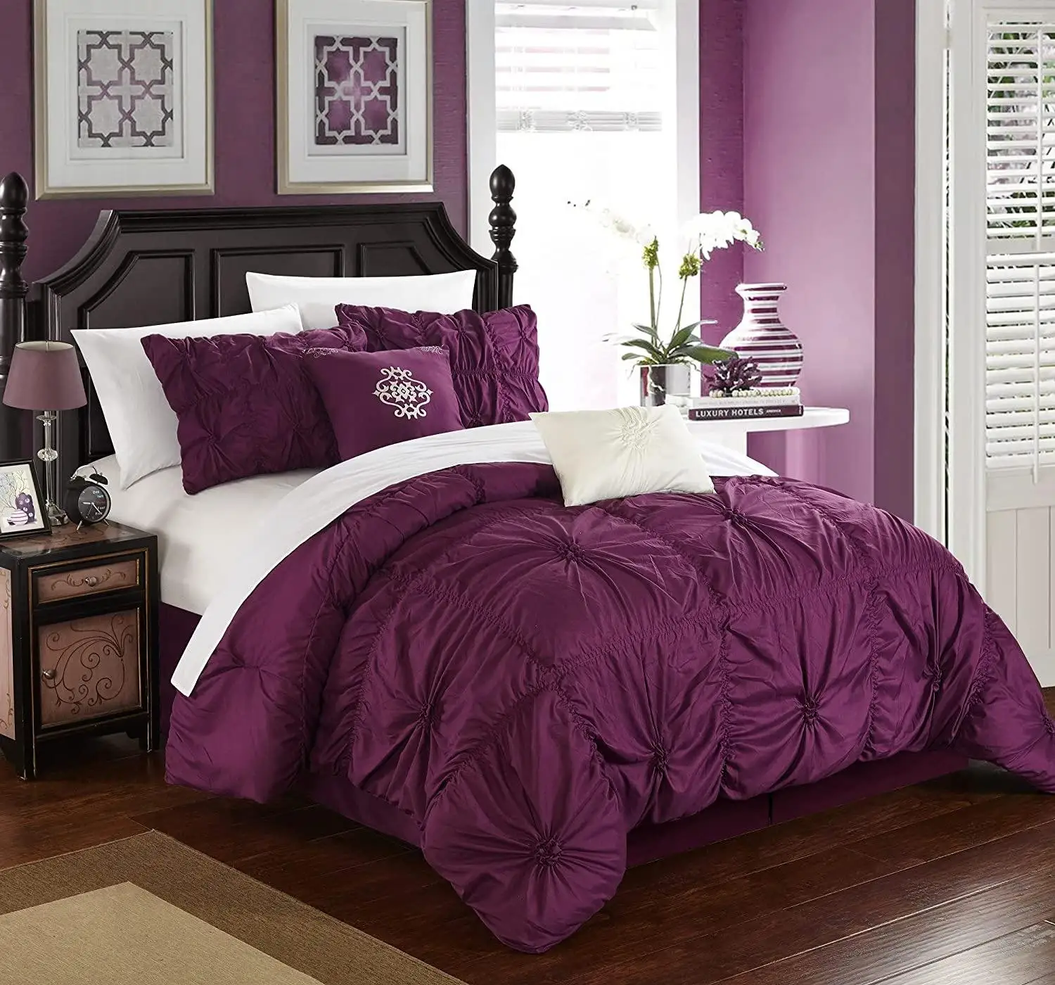 Fluffy 6 Piece Bedding Set Floral Pinch Pleated Ruffled 100% Microfiber Queen Size Comforter Set