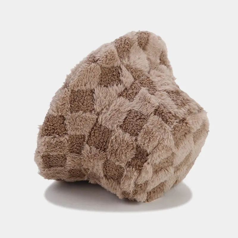 2024 New Designer Ladies Winter Warm Fluffy Plush Bucket Hat High Quality Checkerboard Pattern Fisherman Plain Styles