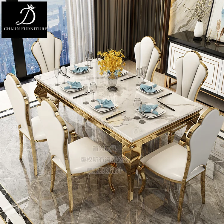 Deluxe Marble Stainless Steel Base Dining Table and Chairs Set Dining Room Furniture, Table Set, 6 Chairs