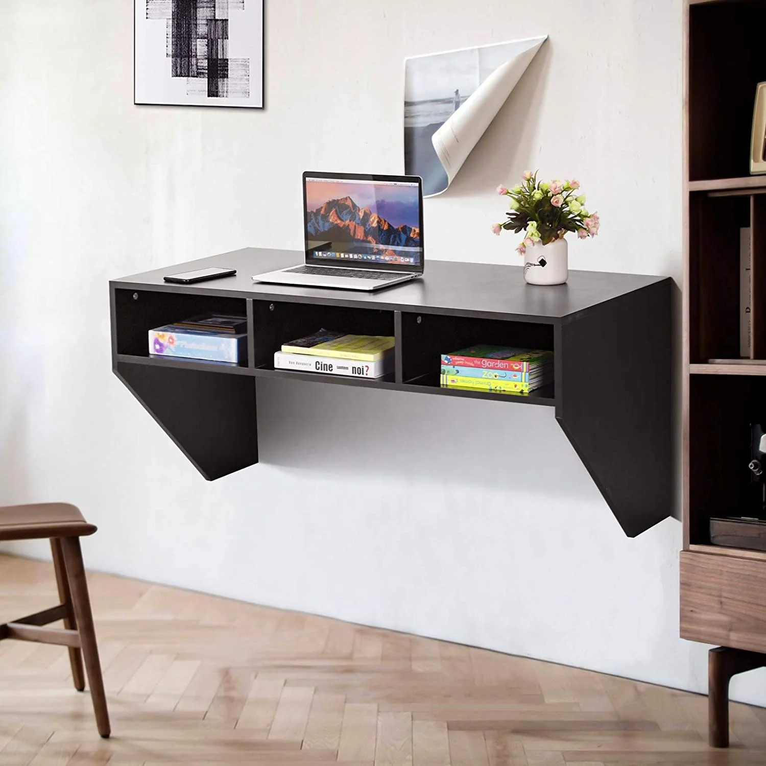 Home Office Bedroom Work Station Desk Wall Mounted Floating Computer Desk with Storage Shelves Floated PC Table