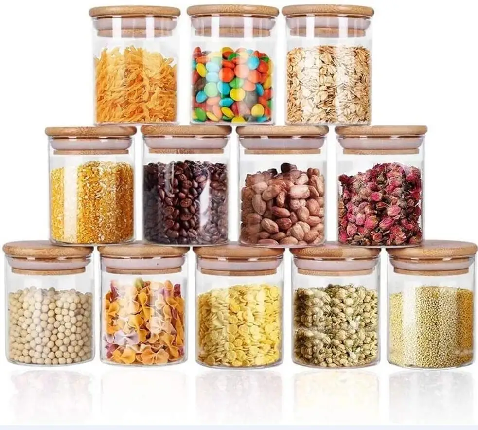 12 Piece Set Small Transparent Airtight Storage Glass Jars Canisters With Bamboo Lids For Kitchen Spice
