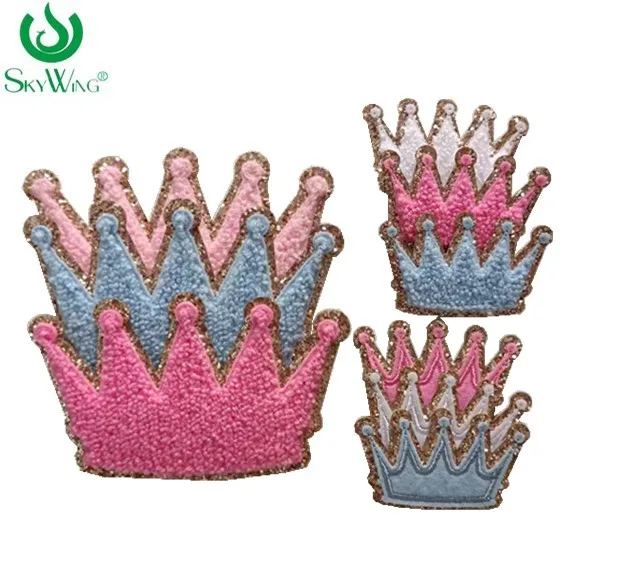 Crown design makeup bag iron on patches glitter edge chenille embroidered in different size and different colors