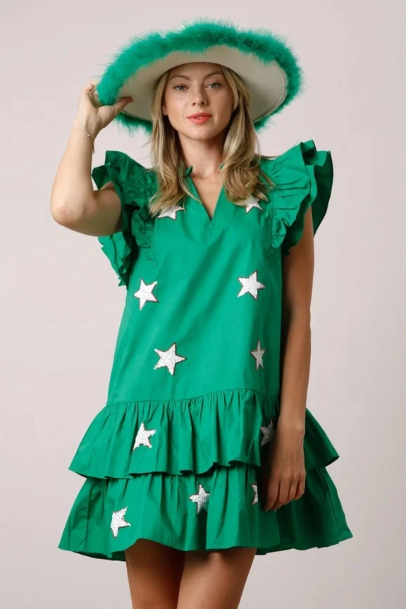 Mardi Gras Lady Summer Ruffle Dress Woman Gold Purple Green Star Sequin Patch Beach Dress