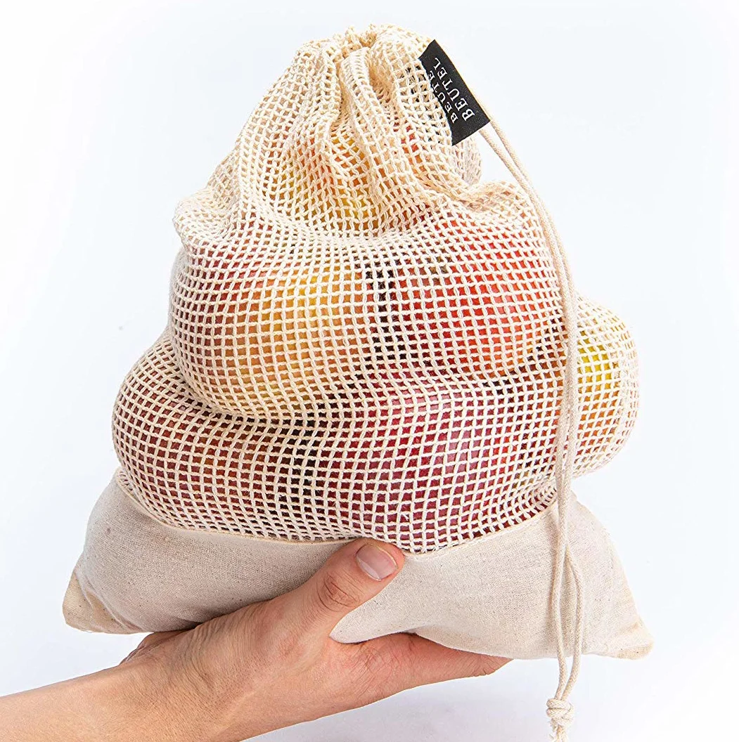 100% Zero Waste Reusable Recycled Produce Mesh Bag Organic Cotton Drawstring Mesh Net Produce Bag for Fruits and Vegetables Bag