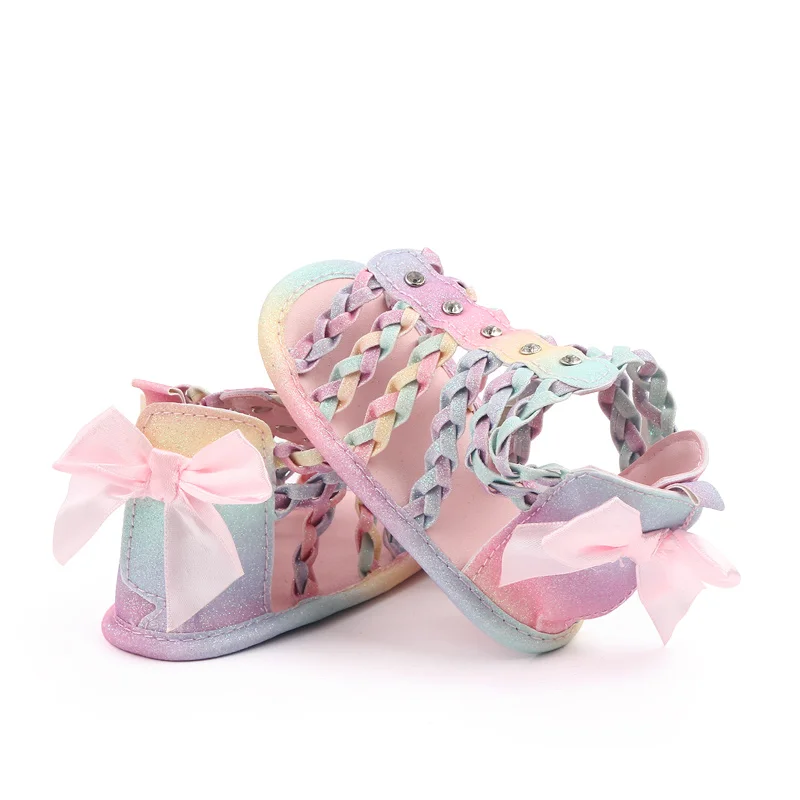 Summer Roman woven twine bow decorated solid color princess toddler sandals for baby girls
