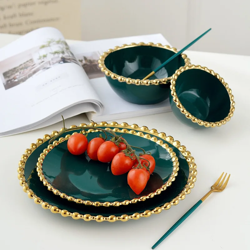 China Supplier Bead Point Tableware Ceramic Dinner Plate Set Peacock Green Crockery Dinner Sets Luxury Porcelain Dinner Sets